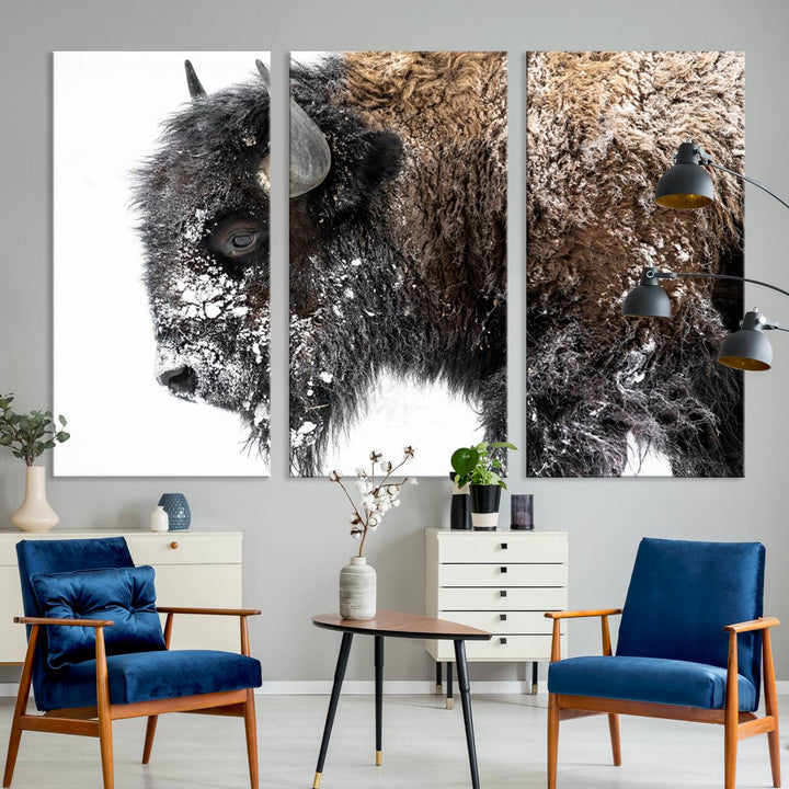 Winter Buffalo Wall Art | 3 Panel Rustic Wildlife Canvas Print, Majestic American Bison Decor for Living Room, Farmhouse, Snowy Buffalo Wall Art Print