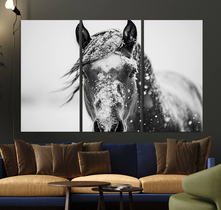 Winter Horse Wall Art Print | Black and White Horse Canvas Print | Snowy Horse Photography | Equine Wall Art for Living Room, Offic