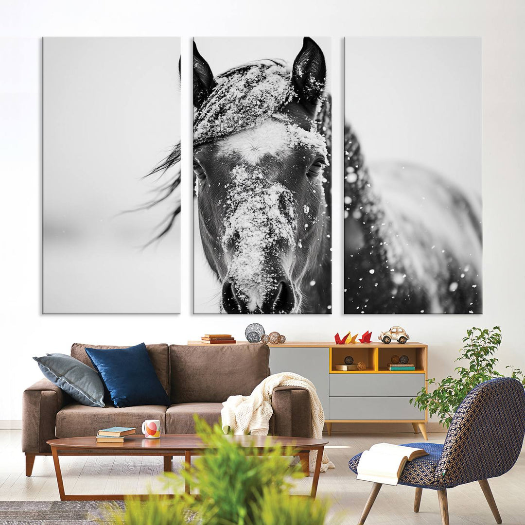 Winter Horse Wall Art Print | Black and White Horse Canvas Print | Snowy Horse Photography | Equine Wall Art for Living Room, Offic