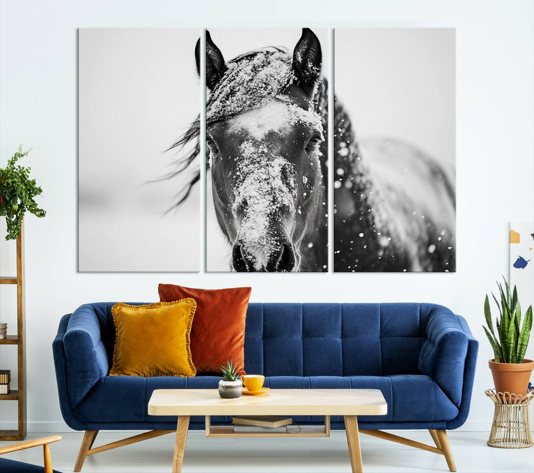 Winter Horse Wall Art Print | Black and White Horse Canvas Print | Snowy Horse Photography | Equine Wall Art for Living Room, Offic