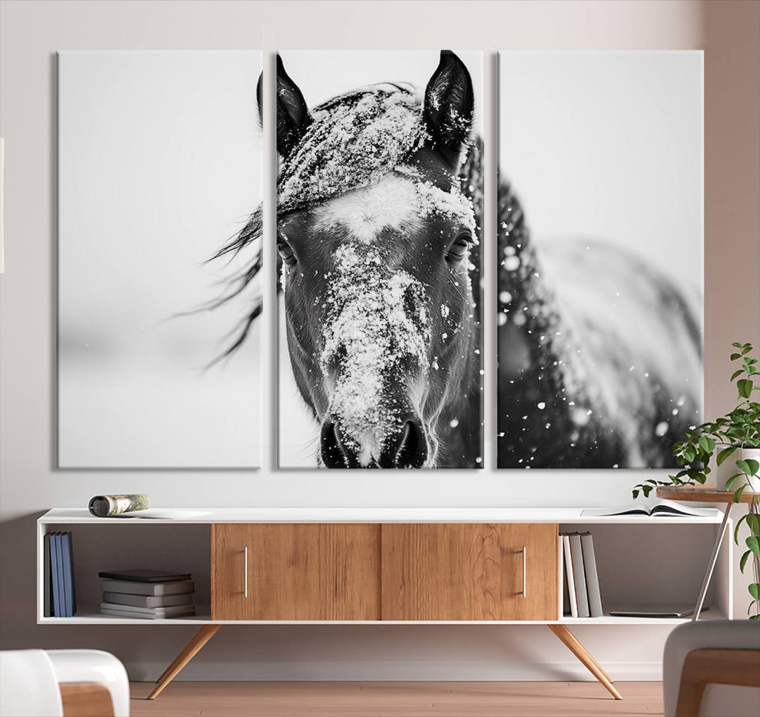 Winter Horse Wall Art Print | Black and White Horse Canvas Print | Snowy Horse Photography | Equine Wall Art for Living Room, Offic