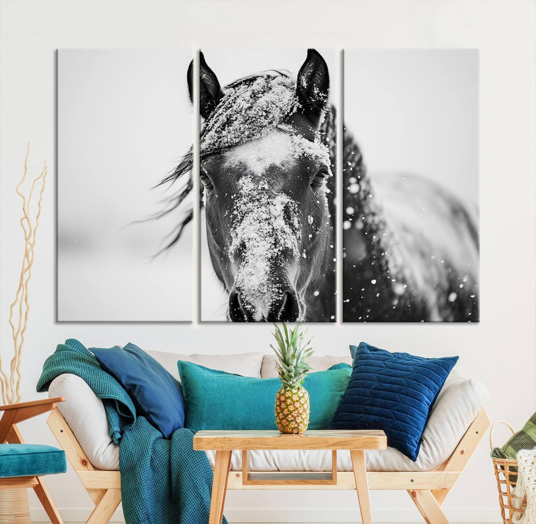 Winter Horse Wall Art Print | Black and White Horse Canvas Print | Snowy Horse Photography | Equine Wall Art for Living Room, Offic