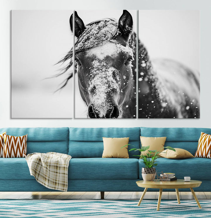 Winter Horse Wall Art Print | Black and White Horse Canvas Print | Snowy Horse Photography | Equine Wall Art for Living Room, Offic