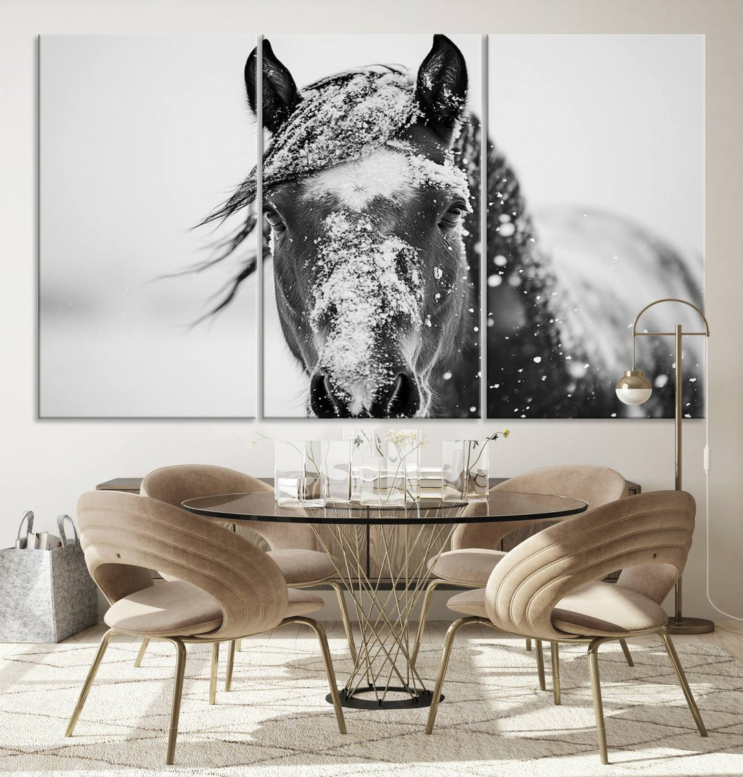 Winter Horse Wall Art Print | Black and White Horse Canvas Print | Snowy Horse Photography | Equine Wall Art for Living Room, Offic