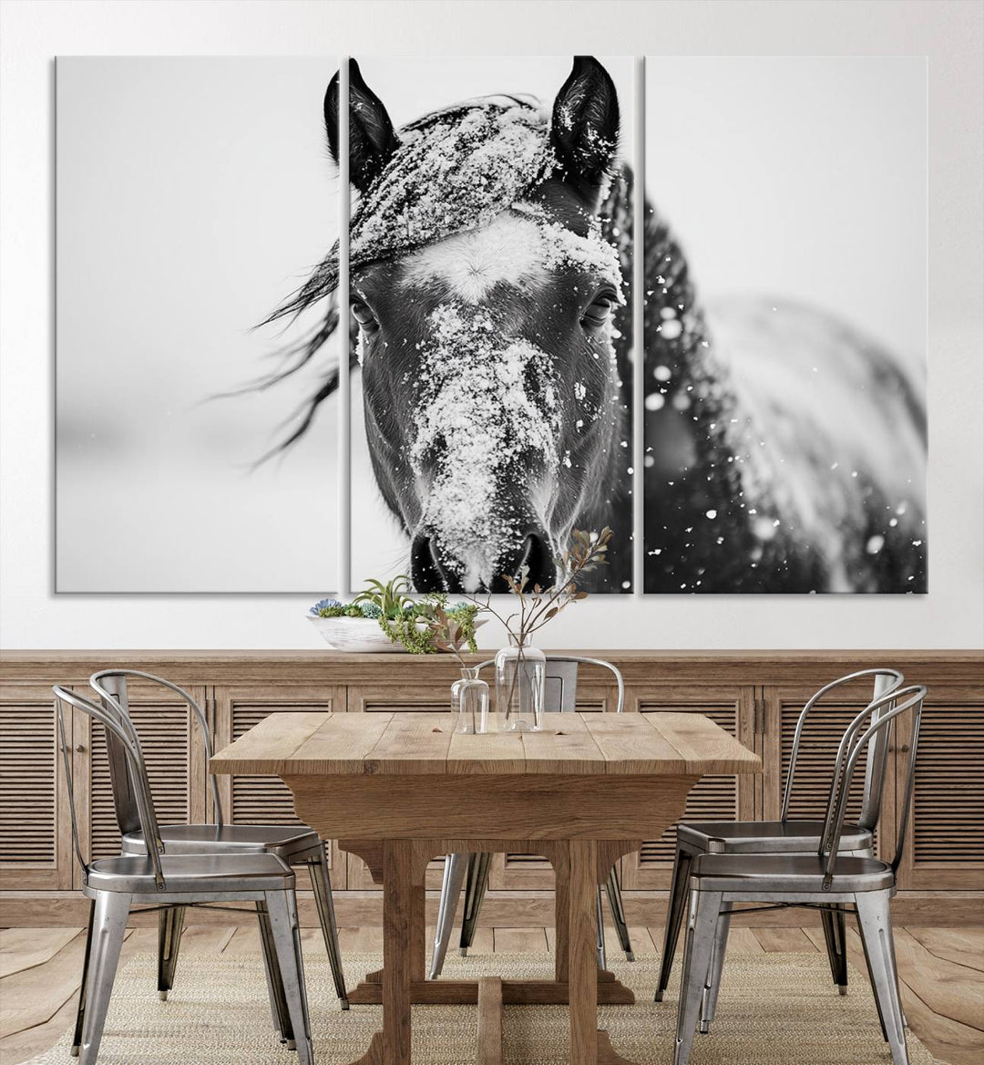 Winter Horse Wall Art Print | Black and White Horse Canvas Print | Snowy Horse Photography | Equine Wall Art for Living Room, Offic