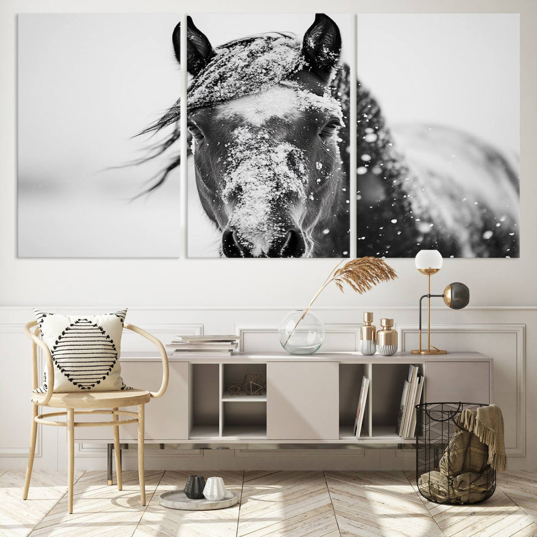 Winter Horse Wall Art Print | Black and White Horse Canvas Print | Snowy Horse Photography | Equine Wall Art for Living Room, Offic