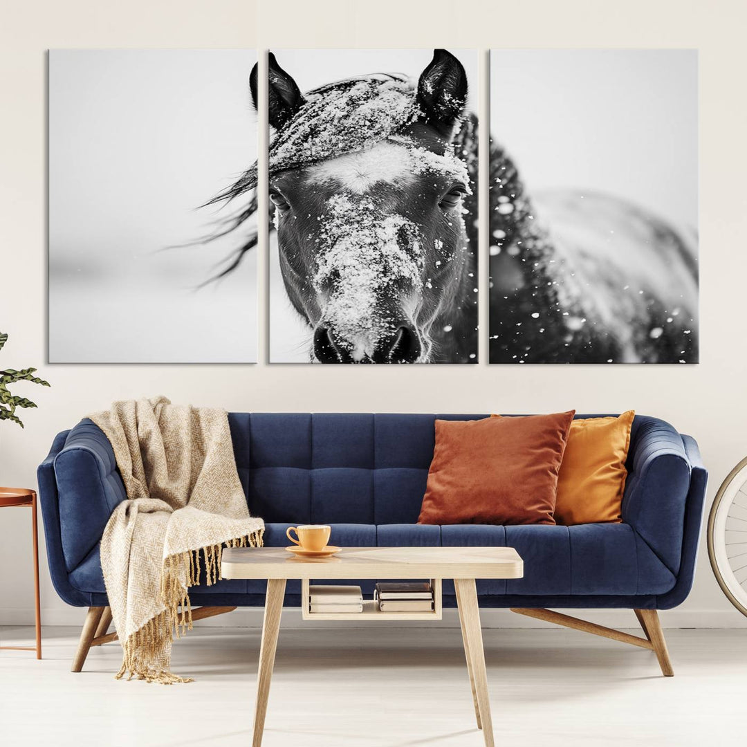 Winter Horse Wall Art Print | Black and White Horse Canvas Print | Snowy Horse Photography | Equine Wall Art for Living Room, Offic