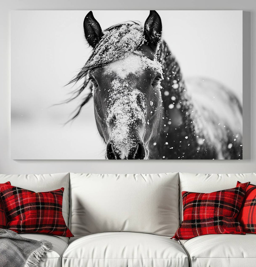 Winter Horse Wall Art Print | Black and White Horse Canvas Print | Snowy Horse Photography | Equine Wall Art for Living Room, Offic