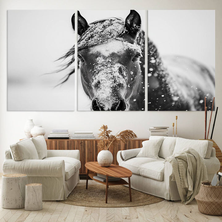 Winter Horse Wall Art Print | Black and White Horse Canvas Print | Snowy Horse Photography | Equine Wall Art for Living Room, Offic