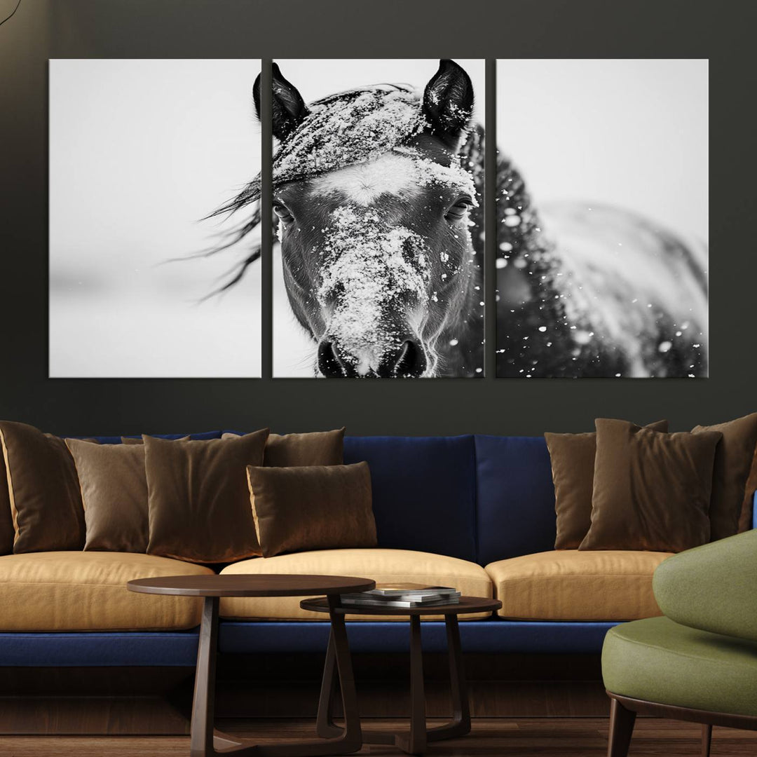 Winter Horse Wall Art Print | Black and White Horse Canvas Print | Snowy Horse Photography | Equine Wall Art for Living Room, Offic