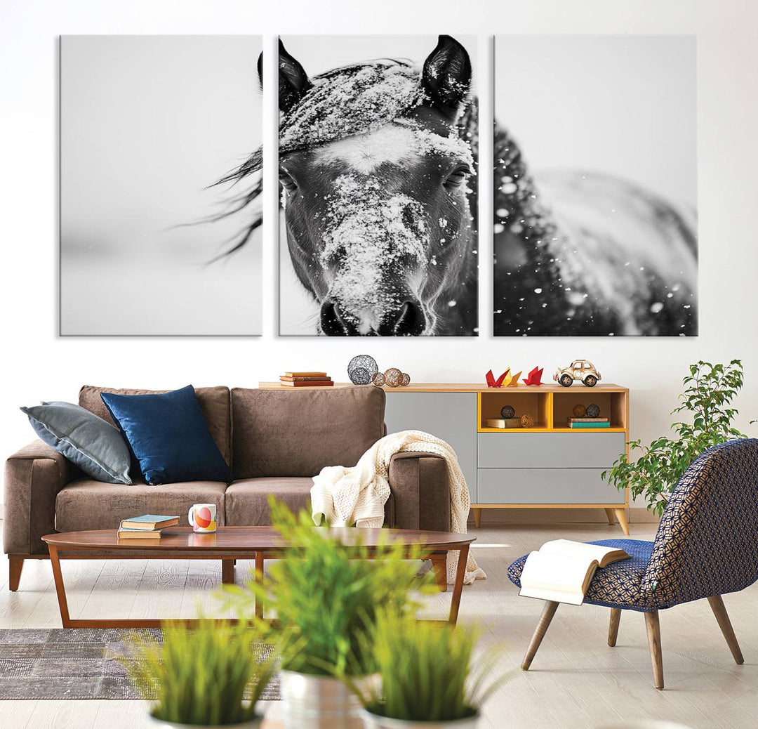 Winter Horse Wall Art Print | Black and White Horse Canvas Print | Snowy Horse Photography | Equine Wall Art for Living Room, Offic