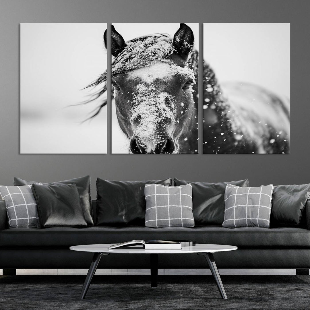 Winter Horse Wall Art Print | Black and White Horse Canvas Print | Snowy Horse Photography | Equine Wall Art for Living Room, Offic