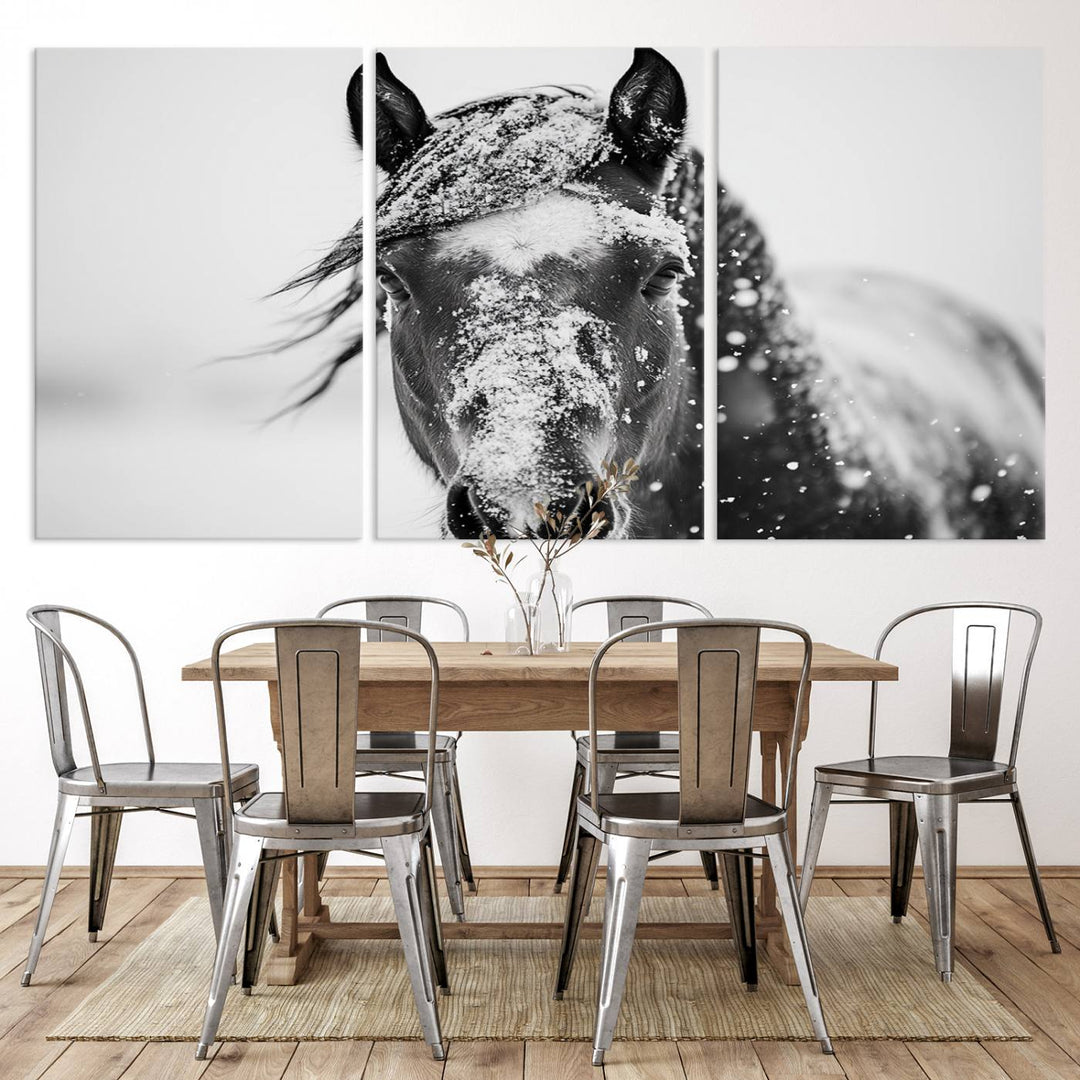 Winter Horse Wall Art Print | Black and White Horse Canvas Print | Snowy Horse Photography | Equine Wall Art for Living Room, Offic