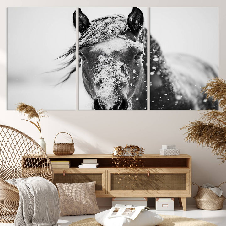 Winter Horse Wall Art Print | Black and White Horse Canvas Print | Snowy Horse Photography | Equine Wall Art for Living Room, Offic