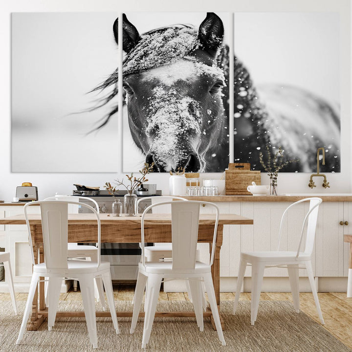 Winter Horse Wall Art Print | Black and White Horse Canvas Print | Snowy Horse Photography | Equine Wall Art for Living Room, Offic