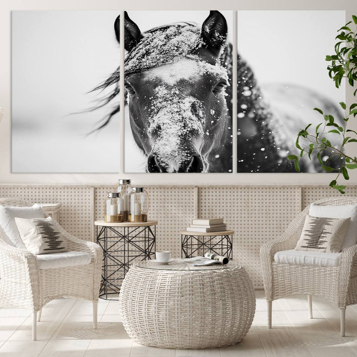 Winter Horse Wall Art Print | Black and White Horse Canvas Print | Snowy Horse Photography | Equine Wall Art for Living Room, Offic