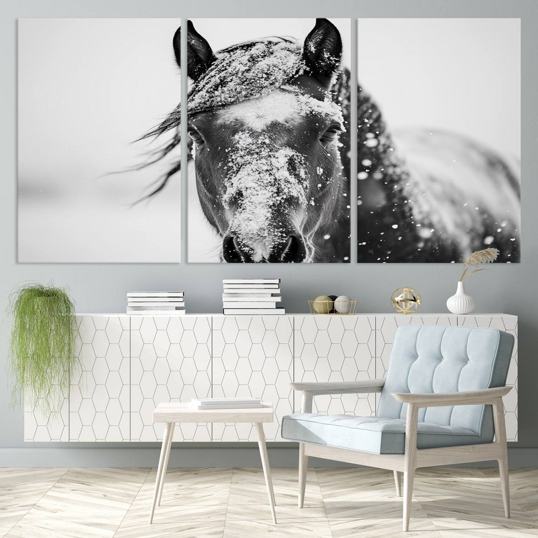 Winter Horse Wall Art Print | Black and White Horse Canvas Print | Snowy Horse Photography | Equine Wall Art for Living Room, Offic