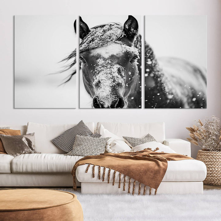 Winter Horse Wall Art Print | Black and White Horse Canvas Print | Snowy Horse Photography | Equine Wall Art for Living Room, Offic