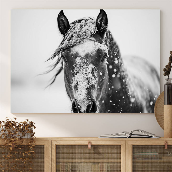 Winter Horse Wall Art Print | Black and White Horse Canvas Print | Snowy Horse Photography | Equine Wall Art for Living Room, Offic