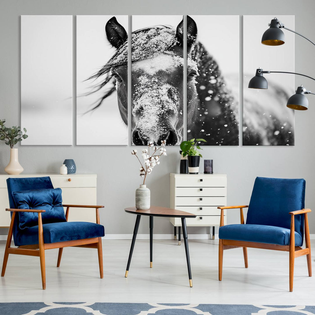 Winter Horse Wall Art Print | Black and White Horse Canvas Print | Snowy Horse Photography | Equine Wall Art for Living Room, Offic