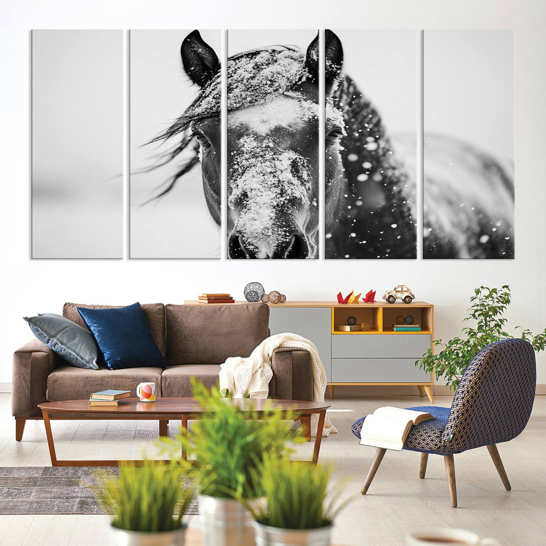 Winter Horse Wall Art Print | Black and White Horse Canvas Print | Snowy Horse Photography | Equine Wall Art for Living Room, Offic