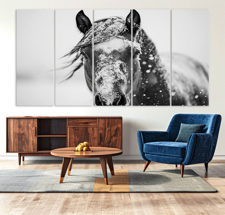 Winter Horse Wall Art Print | Black and White Horse Canvas Print | Snowy Horse Photography | Equine Wall Art for Living Room, Offic