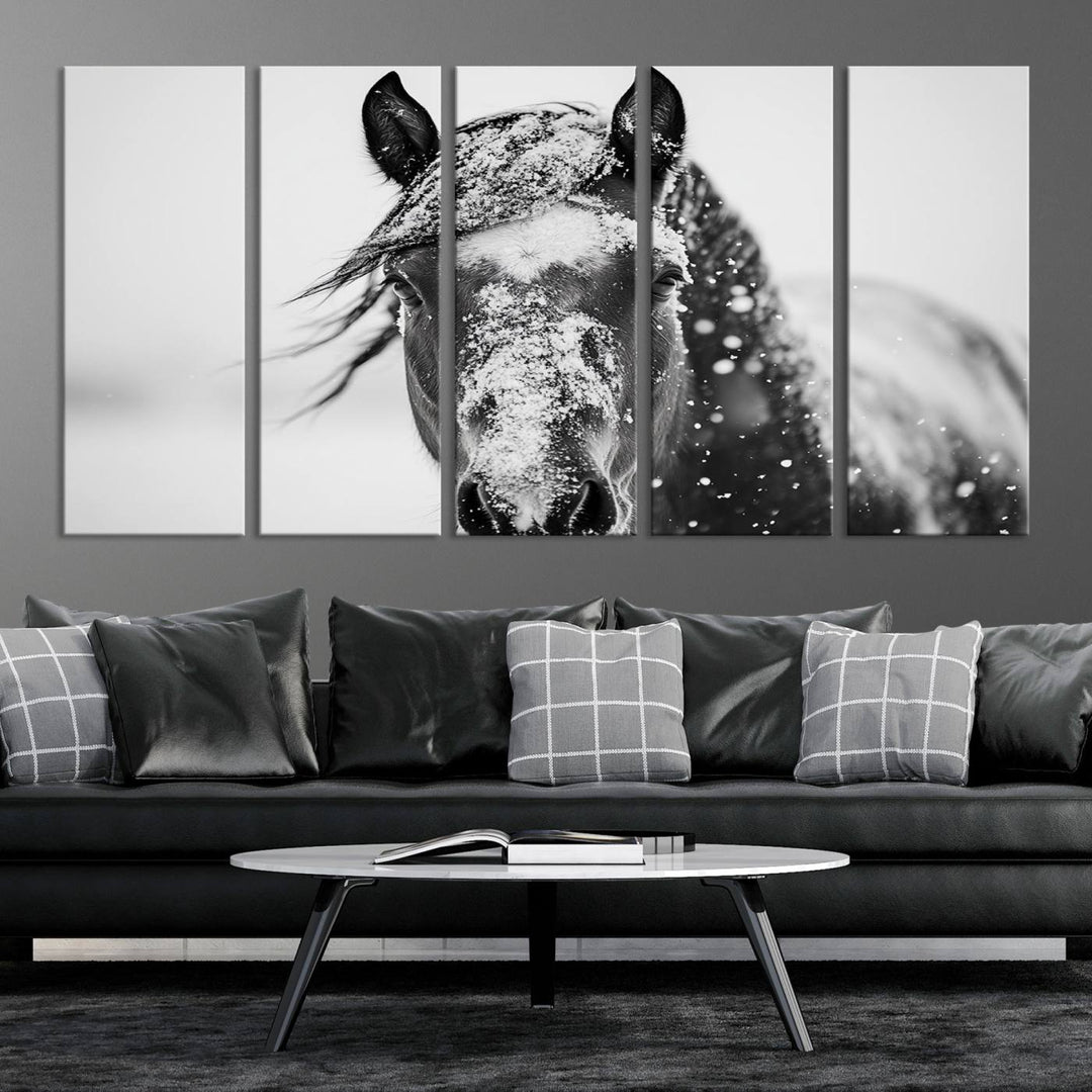 Winter Horse Wall Art Print | Black and White Horse Canvas Print | Snowy Horse Photography | Equine Wall Art for Living Room, Offic