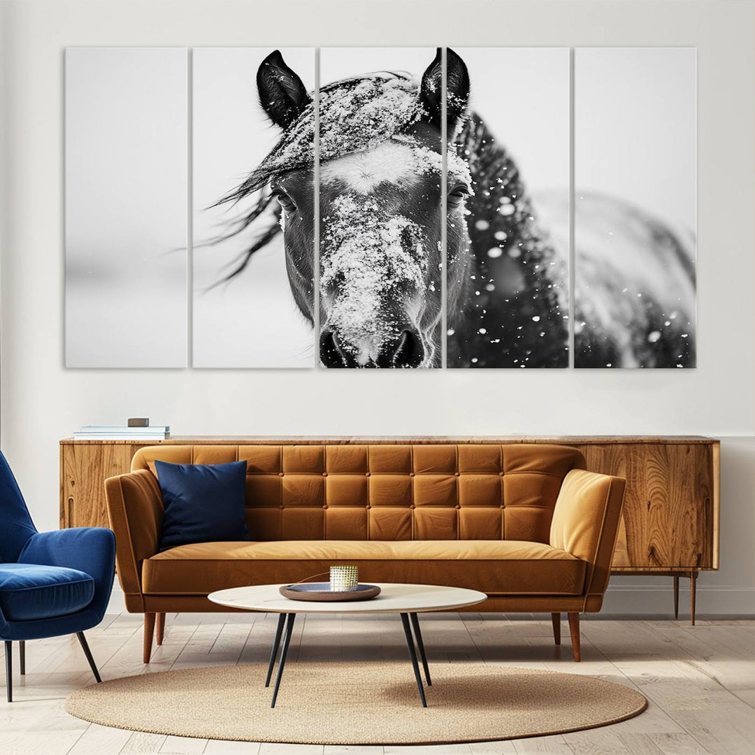 Winter Horse Wall Art Print | Black and White Horse Canvas Print | Snowy Horse Photography | Equine Wall Art for Living Room, Offic