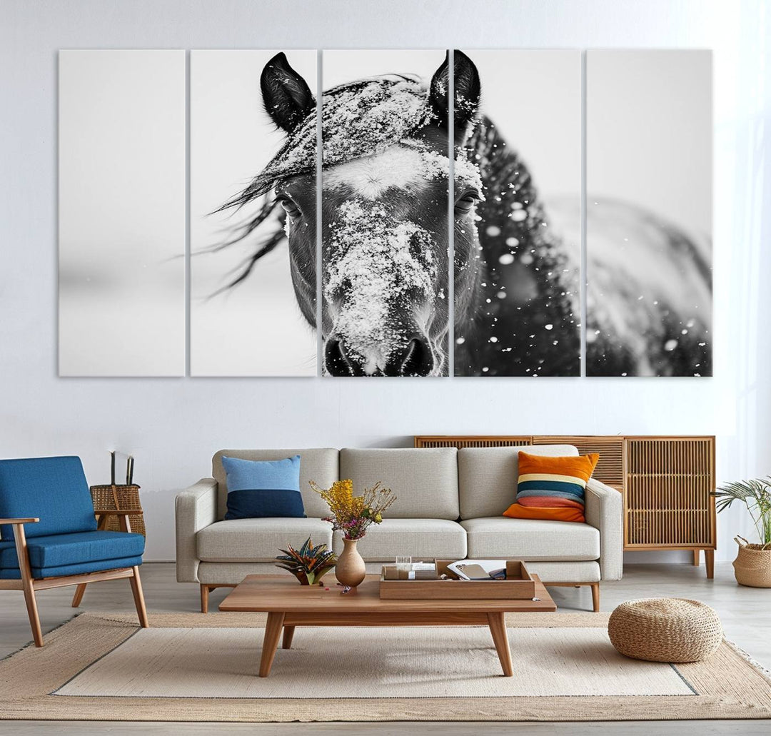 Winter Horse Wall Art Print | Black and White Horse Canvas Print | Snowy Horse Photography | Equine Wall Art for Living Room, Offic