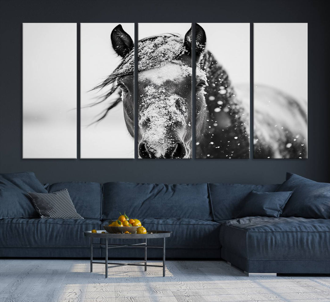 Winter Horse Wall Art Print | Black and White Horse Canvas Print | Snowy Horse Photography | Equine Wall Art for Living Room, Offic