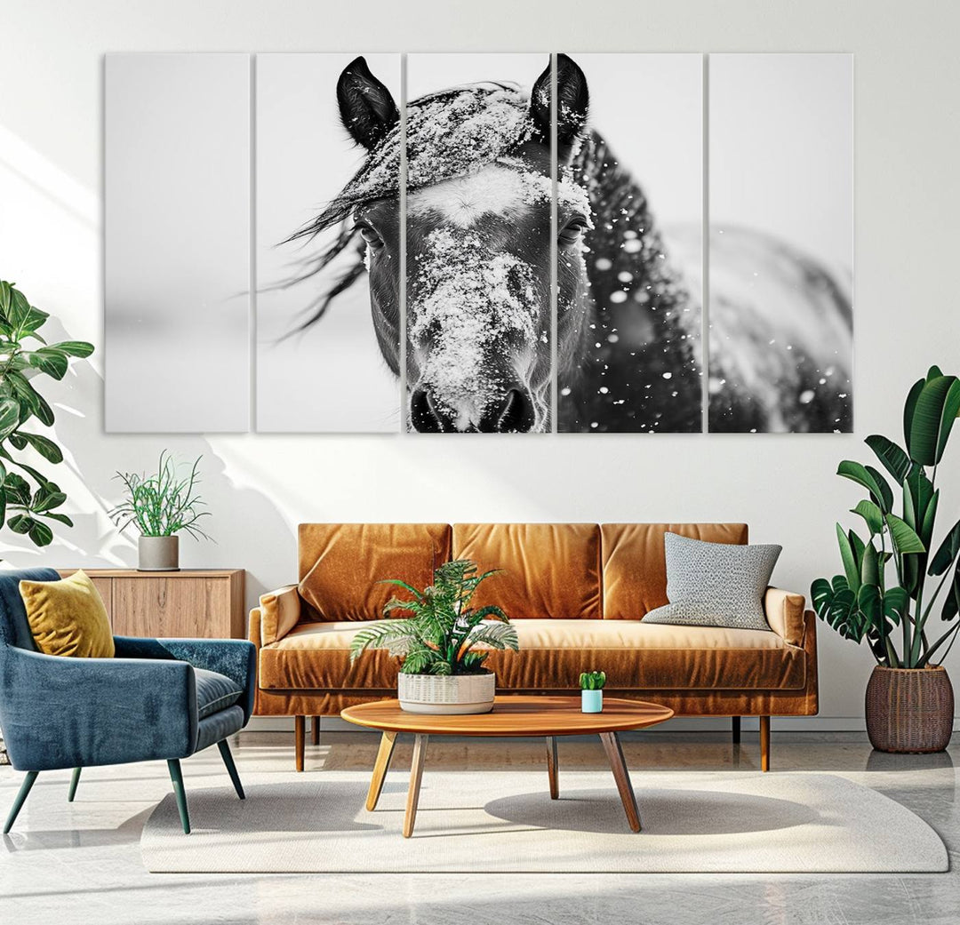 Winter Horse Wall Art Print | Black and White Horse Canvas Print | Snowy Horse Photography | Equine Wall Art for Living Room, Offic