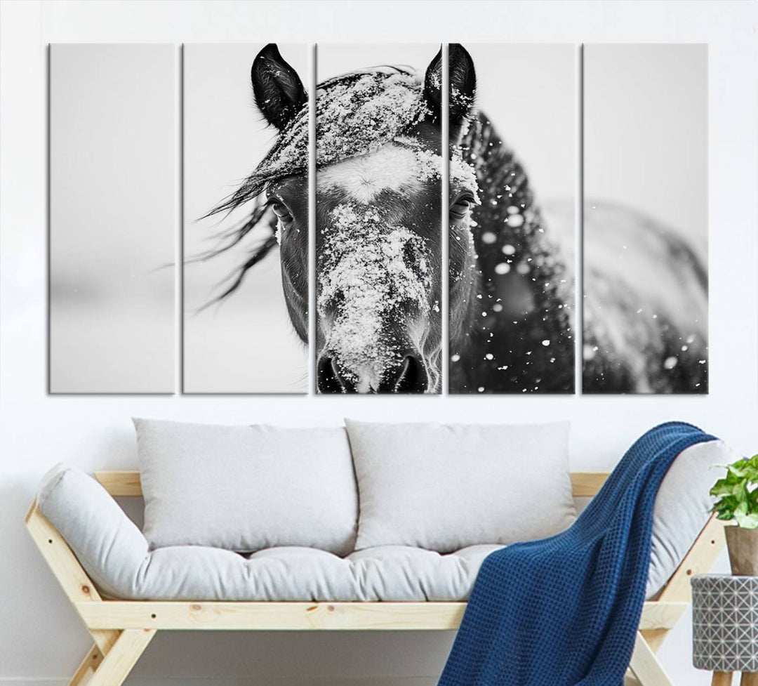 Winter Horse Wall Art Print | Black and White Horse Canvas Print | Snowy Horse Photography | Equine Wall Art for Living Room, Offic