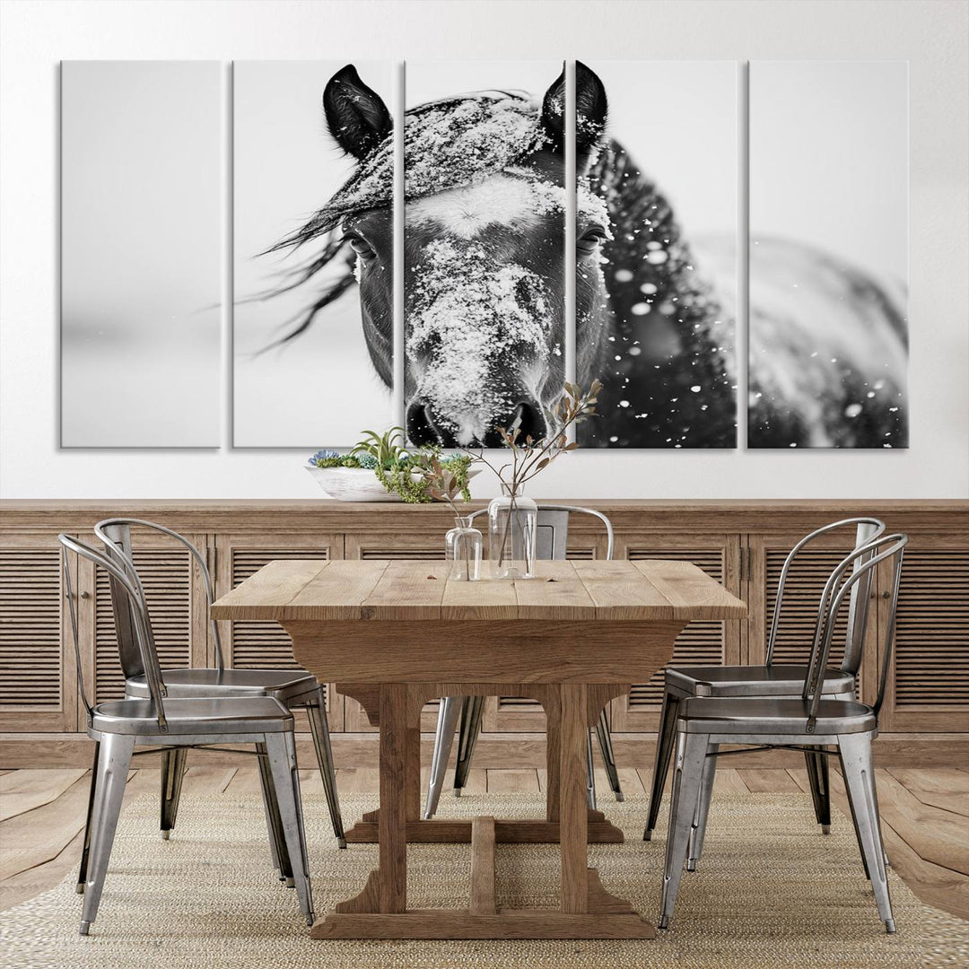 Winter Horse Wall Art Print | Black and White Horse Canvas Print | Snowy Horse Photography | Equine Wall Art for Living Room, Offic