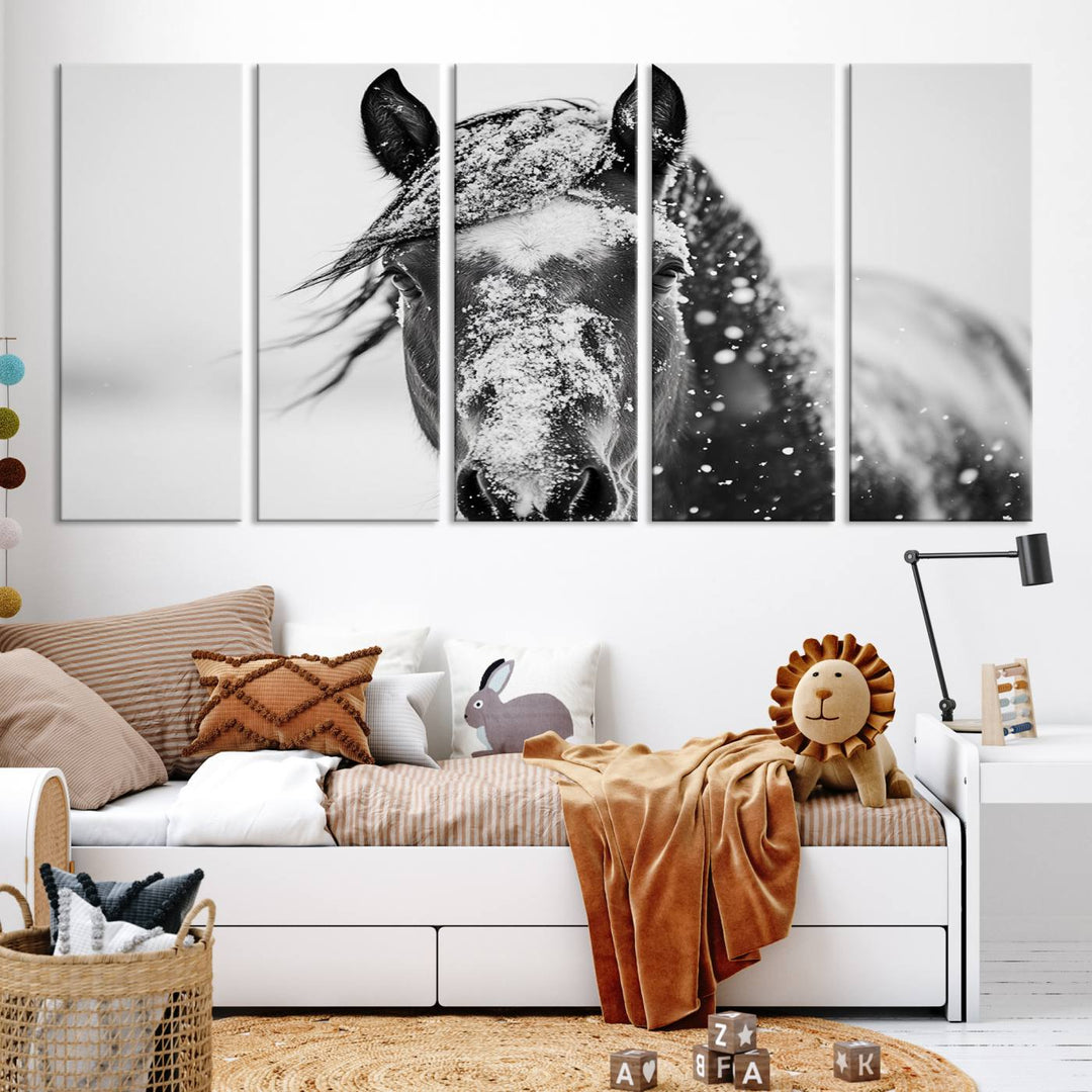 Winter Horse Wall Art Print | Black and White Horse Canvas Print | Snowy Horse Photography | Equine Wall Art for Living Room, Offic