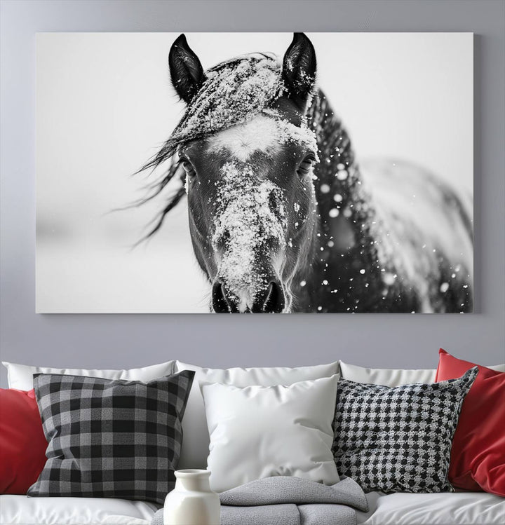 Winter Horse Wall Art Print | Black and White Horse Canvas Print | Snowy Horse Photography | Equine Wall Art for Living Room, Offic