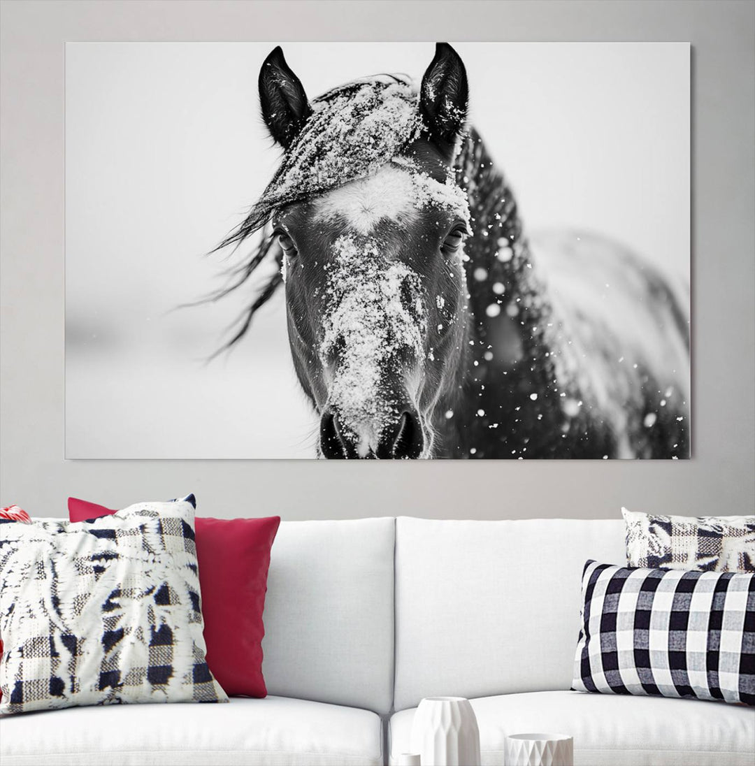 Winter Horse Wall Art Print | Black and White Horse Canvas Print | Snowy Horse Photography | Equine Wall Art for Living Room, Offic