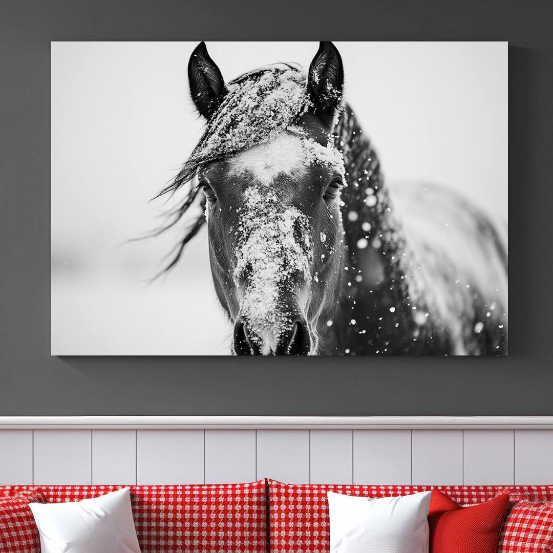 Winter Horse Wall Art Print | Black and White Horse Canvas Print | Snowy Horse Photography | Equine Wall Art for Living Room, Offic