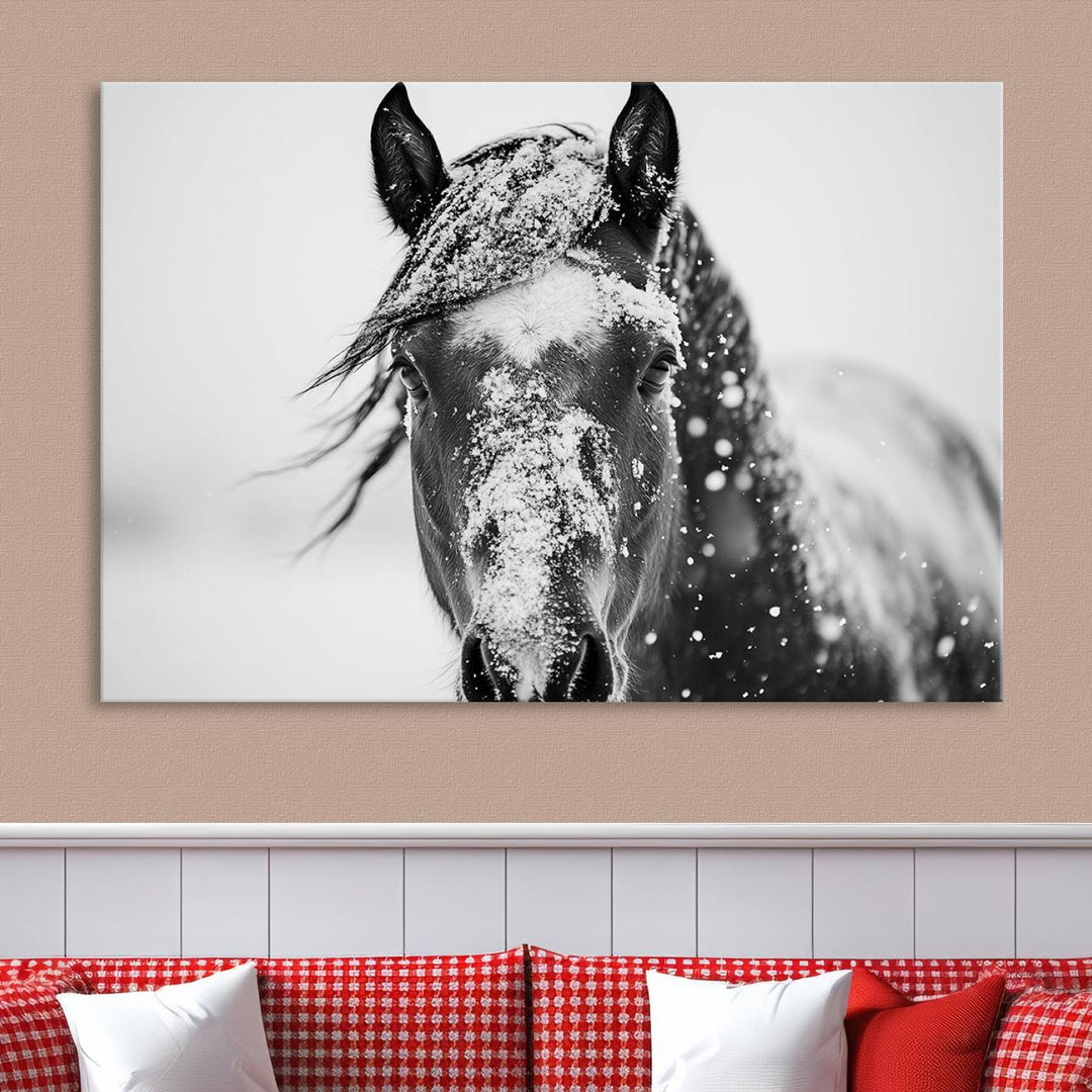 Winter Horse Wall Art Print | Black and White Horse Canvas Print | Snowy Horse Photography | Equine Wall Art for Living Room, Offic