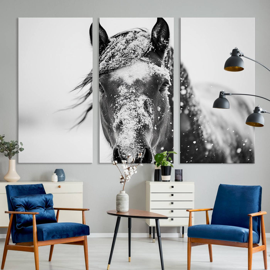 Winter Horse Wall Art Print | Black and White Horse Canvas Print | Snowy Horse Photography | Equine Wall Art for Living Room, Offic