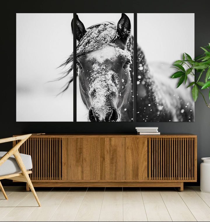 Winter Horse Wall Art Print | Black and White Horse Canvas Print | Snowy Horse Photography | Equine Wall Art for Living Room, Offic