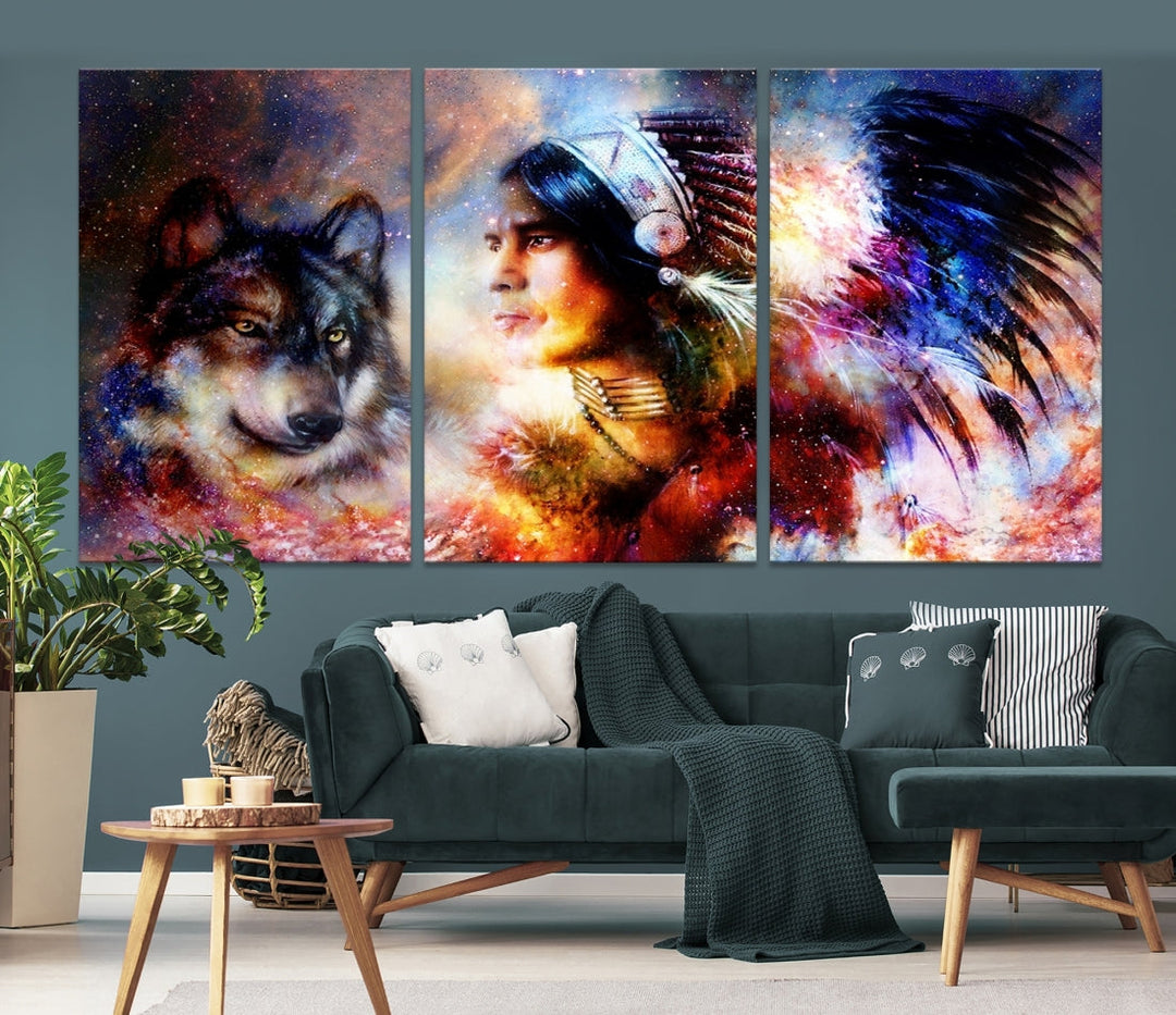 Wolf and Abstract Indian Chief Wall Art Canvas Print