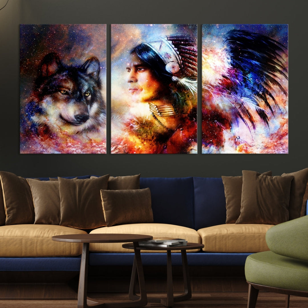 Wolf and Abstract Indian Chief Wall Art Canvas Print