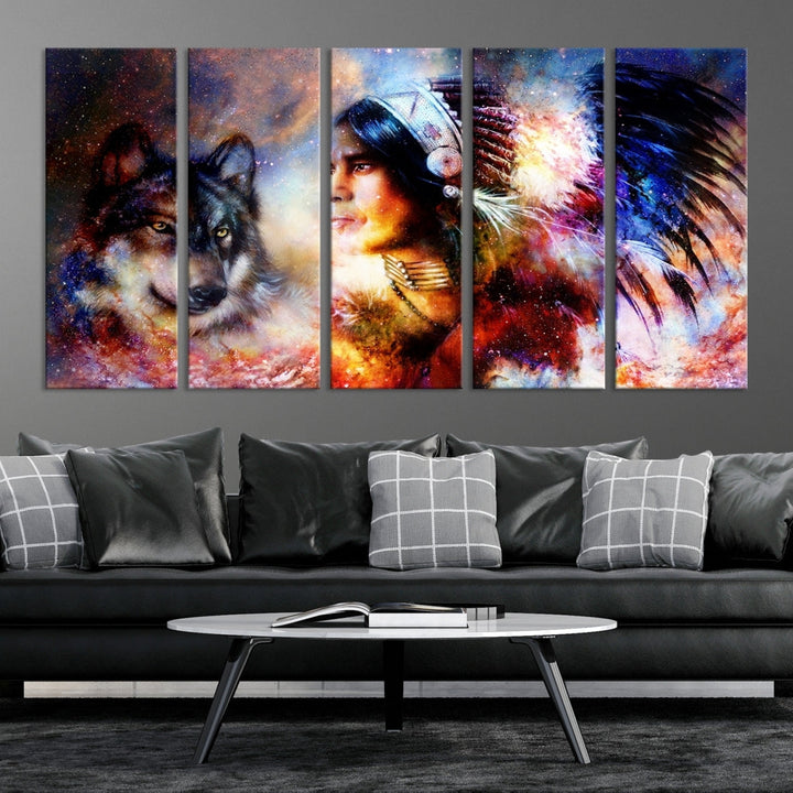 Wolf and Abstract Indian Chief Wall Art Canvas Print