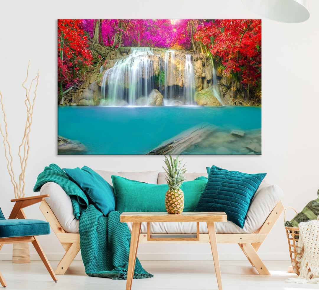 Wonderful Waterfall Landscape with Colorful Flowers in Forest Wall Art Canvas Print