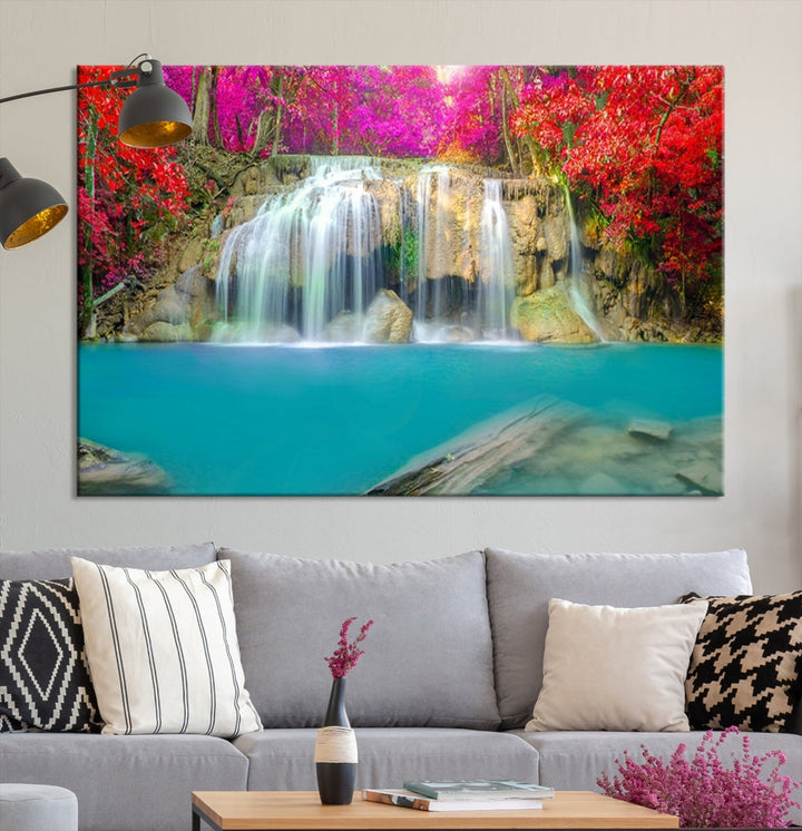 Wonderful Waterfall Landscape with Colorful Flowers in Forest Wall Art Canvas Print