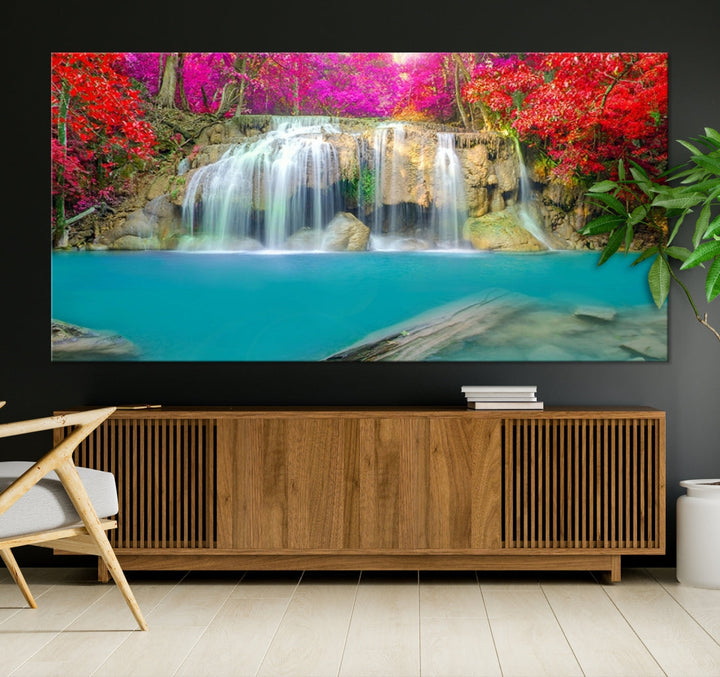 Wonderful Waterfall Landscape with Colorful Flowers in Forest Wall Art Canvas Print