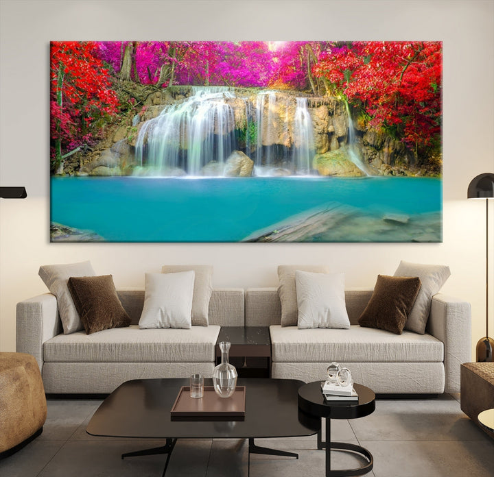 Wonderful Waterfall Landscape with Colorful Flowers in Forest Wall Art Canvas Print