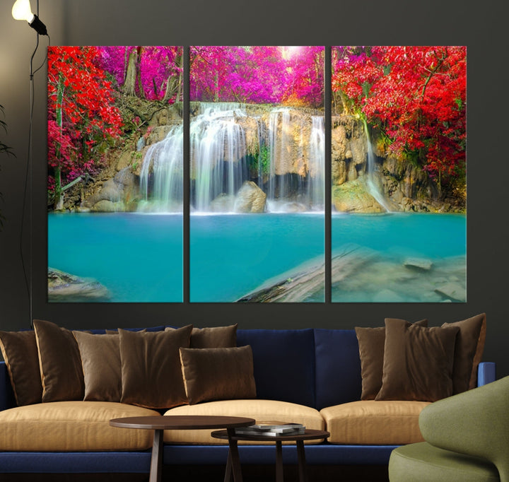 Wonderful Waterfall Landscape with Colorful Flowers in Forest Wall Art Canvas Print