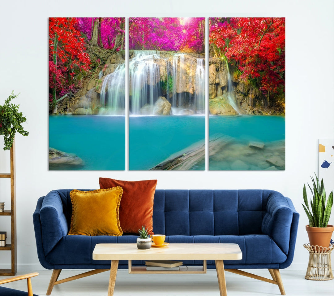 Wonderful Waterfall Landscape with Colorful Flowers in Forest Wall Art Canvas Print