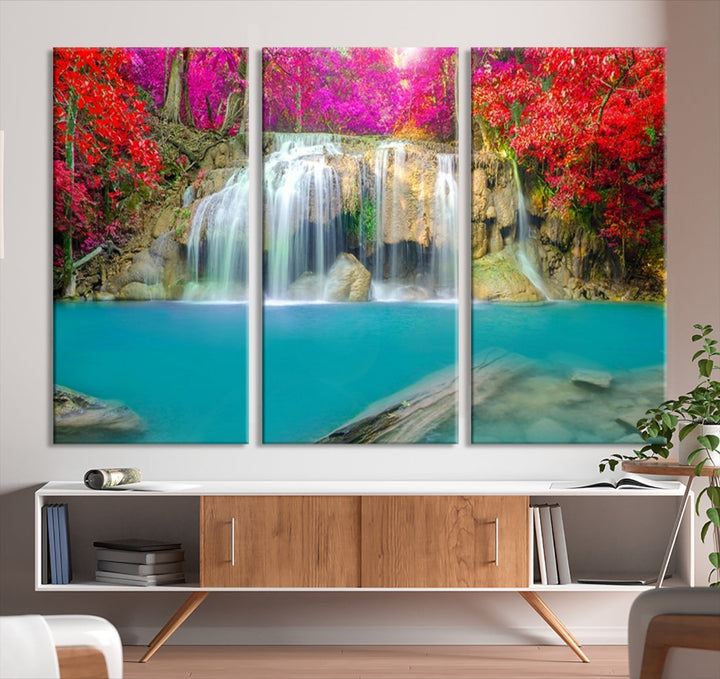 Wonderful Waterfall Landscape with Colorful Flowers in Forest Wall Art Canvas Print